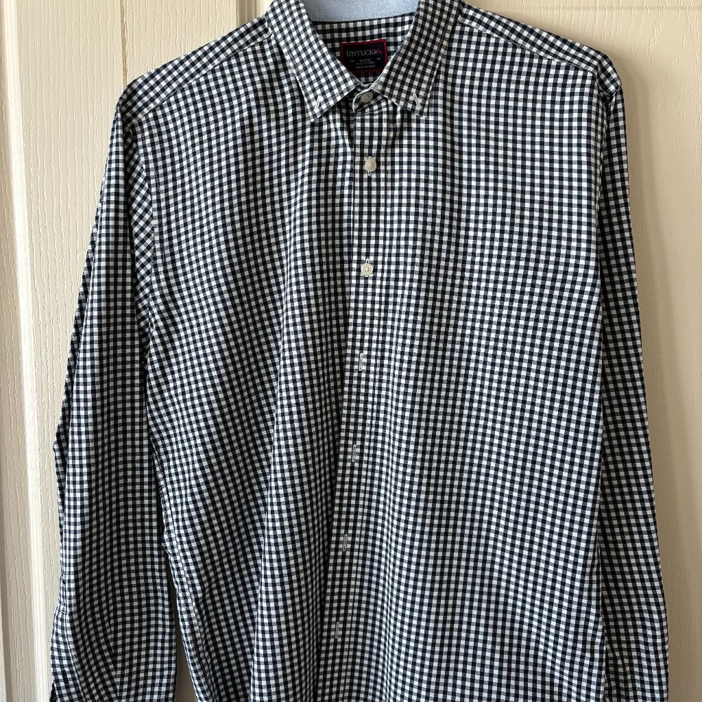 Untuckit Dark Blue & White Check Pattern Button Down Shirt